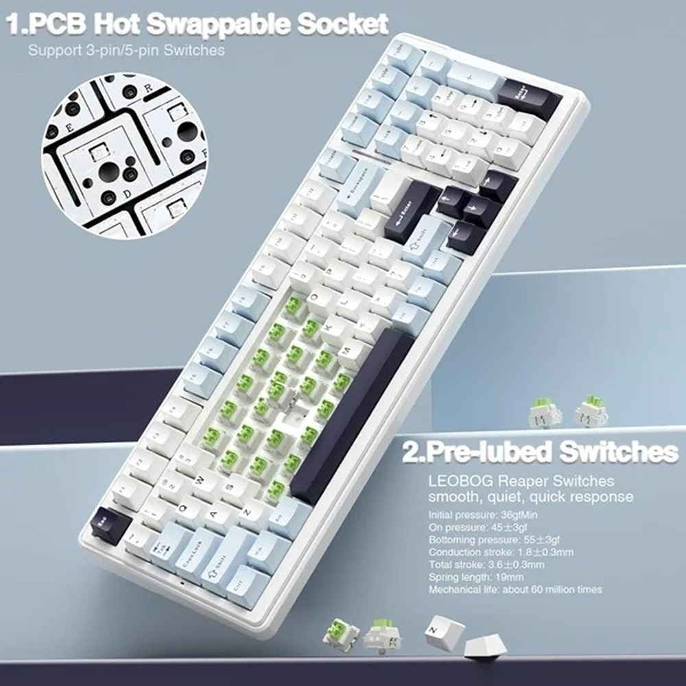 AULA F99 96% Tri-Mode Wireless Mechanical Gaming Keyboard with Knob | Ice Blue, Reaper Switch (F99IUR)