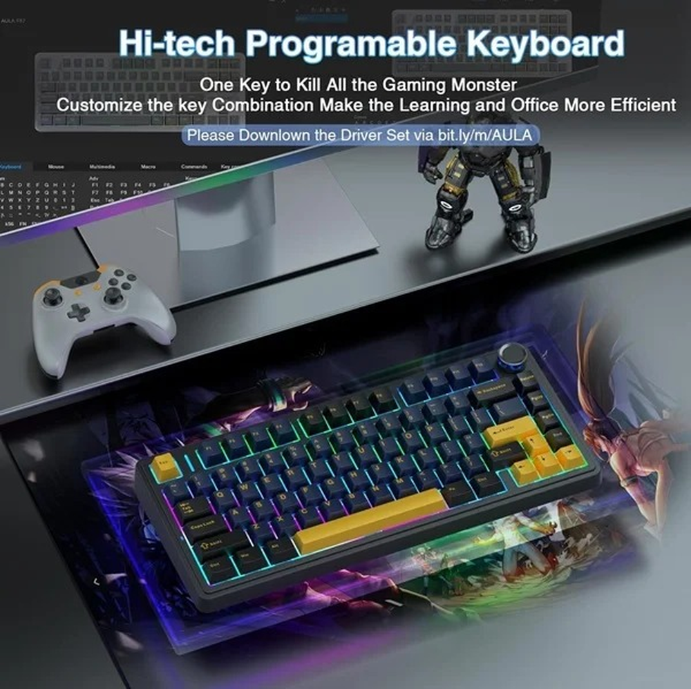 AULA F75 75% Wireless Trio Mode Mechanical Gaming Keyboard With Knob | Thunder Black, Graywood Switch (F75TBW)