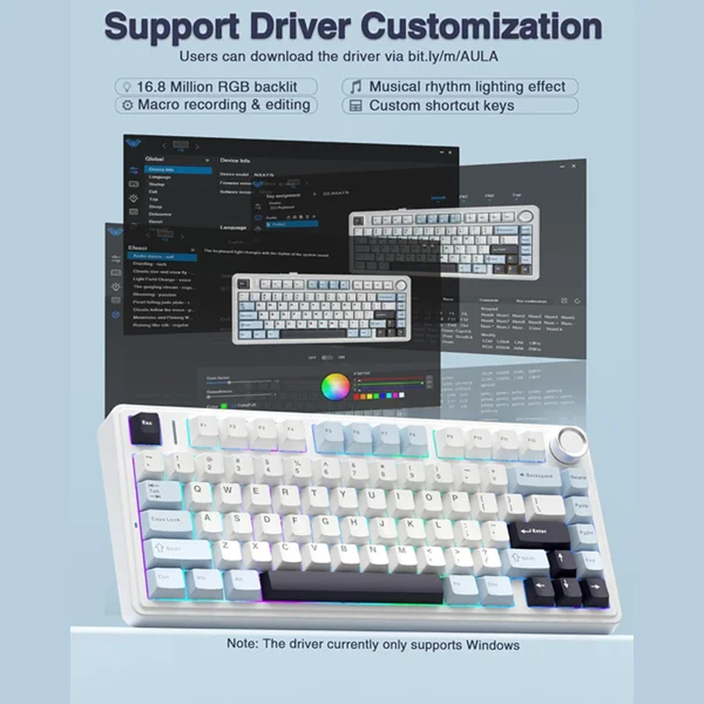 AULA F75 75% Wireless Trio Mode Mechanical Gaming Keyboard With Knob | Ice Blue, Ice Vein (F75IUV)