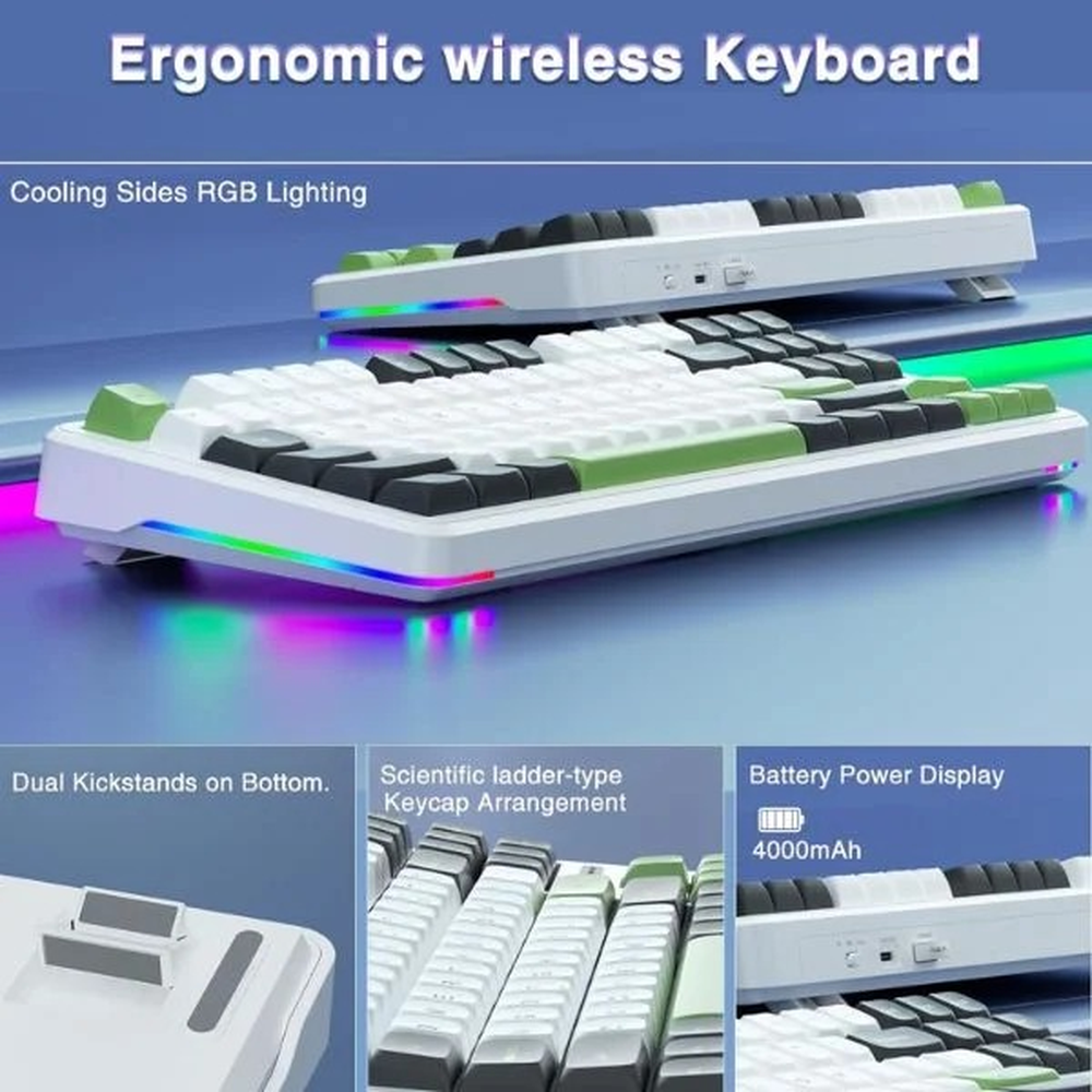 AULA F87 75% Tri-Mode Wireless Mechanical Gaming Keyboard | Green White, Gray Wood Switch (F87GW)